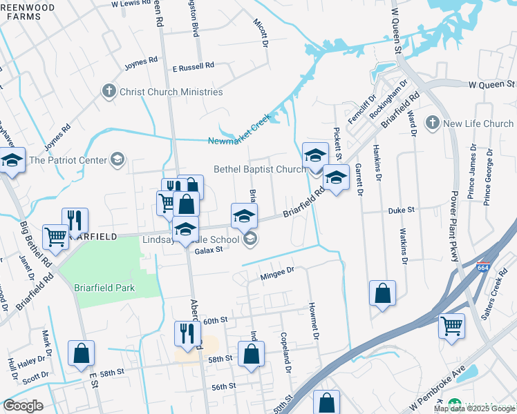 map of restaurants, bars, coffee shops, grocery stores, and more near 6 Briar Drive in Hampton