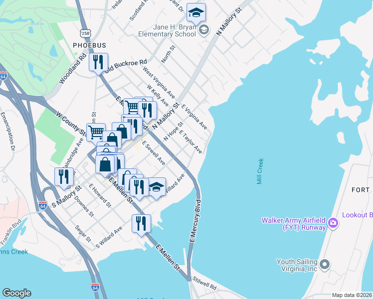 map of restaurants, bars, coffee shops, grocery stores, and more near 205 North Curry Street in Hampton