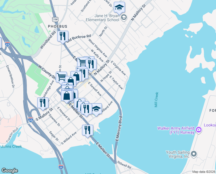 map of restaurants, bars, coffee shops, grocery stores, and more near 205 North Curry Street in Hampton