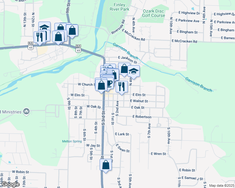 map of restaurants, bars, coffee shops, grocery stores, and more near 201 East Elm Street in Ozark