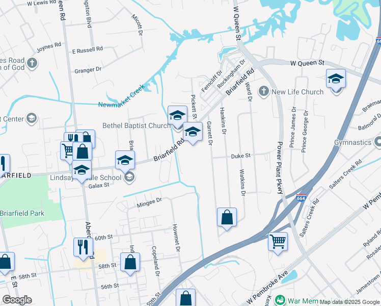 map of restaurants, bars, coffee shops, grocery stores, and more near 1646 Briarfield Road in Hampton