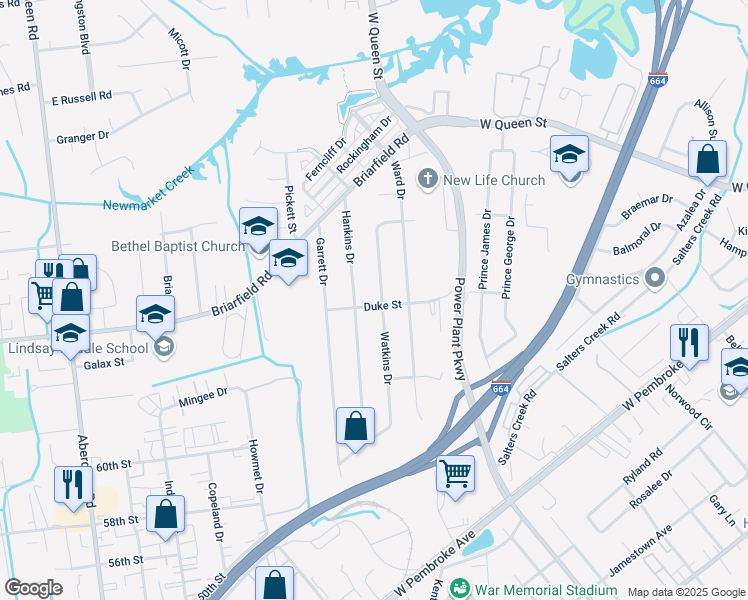 map of restaurants, bars, coffee shops, grocery stores, and more near 1665 Duke Street in Hampton