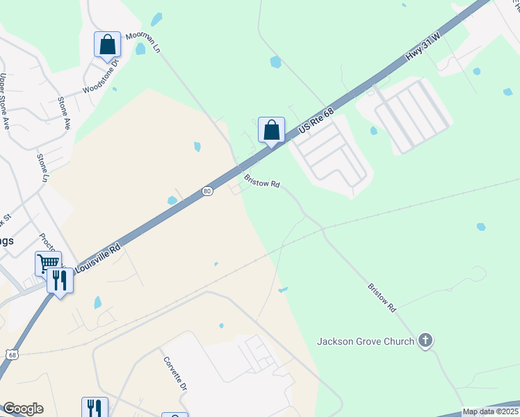 map of restaurants, bars, coffee shops, grocery stores, and more near 141 Bristow Road in Bowling Green