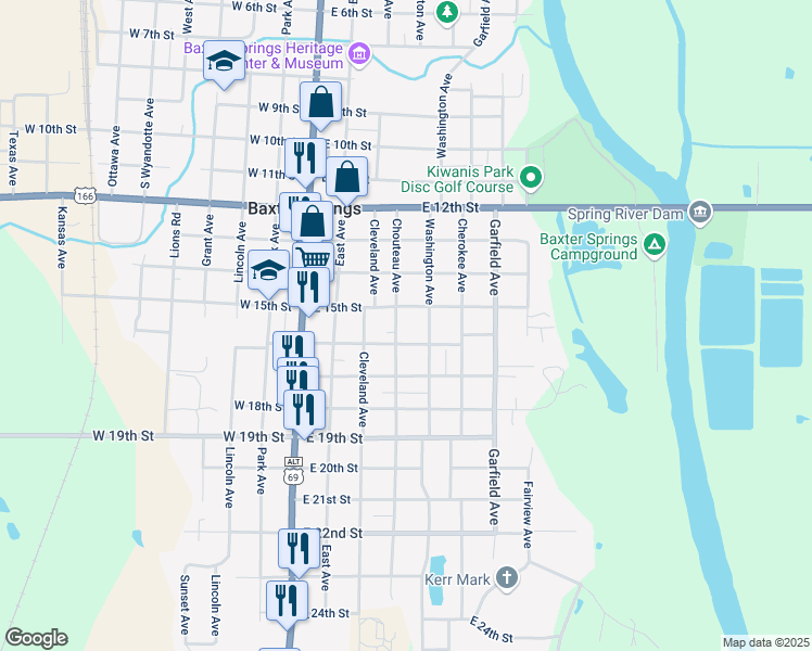 map of restaurants, bars, coffee shops, grocery stores, and more near 1527 Washington Avenue in Baxter Springs
