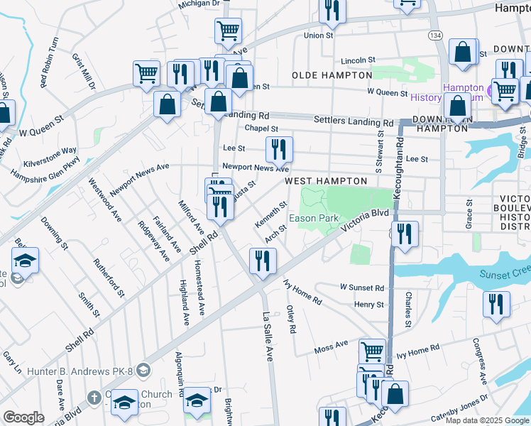 map of restaurants, bars, coffee shops, grocery stores, and more near 9 Kenneth Street in Hampton