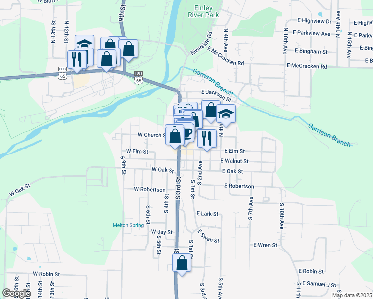 map of restaurants, bars, coffee shops, grocery stores, and more near 103 North 2nd Street in Ozark