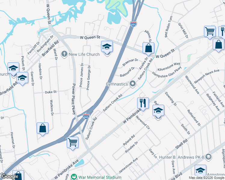 map of restaurants, bars, coffee shops, grocery stores, and more near 4 Dundee Road in Hampton