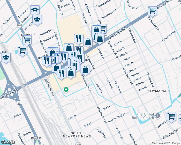 map of restaurants, bars, coffee shops, grocery stores, and more near 820 80th Street in Newport News