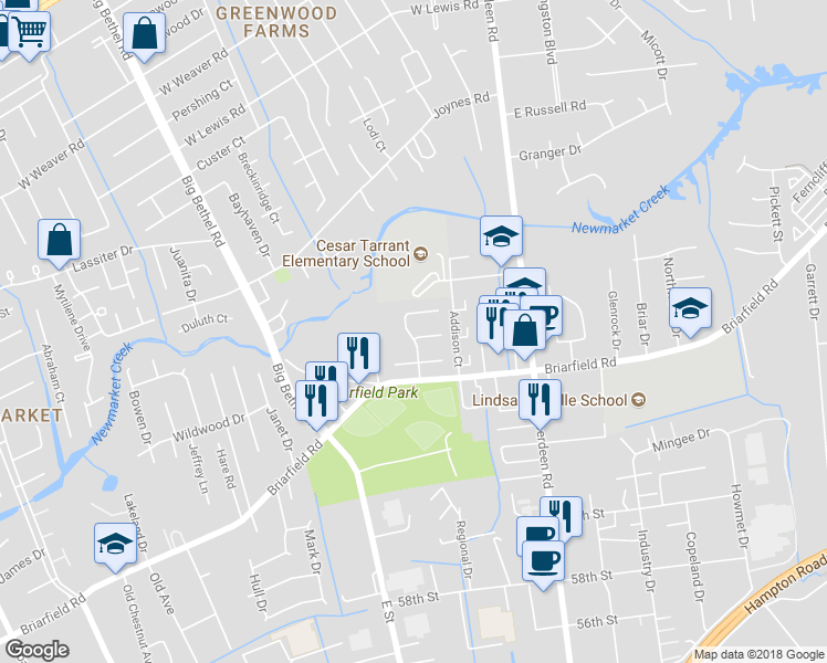 map of restaurants, bars, coffee shops, grocery stores, and more near 1 Eastbriar Court in Hampton