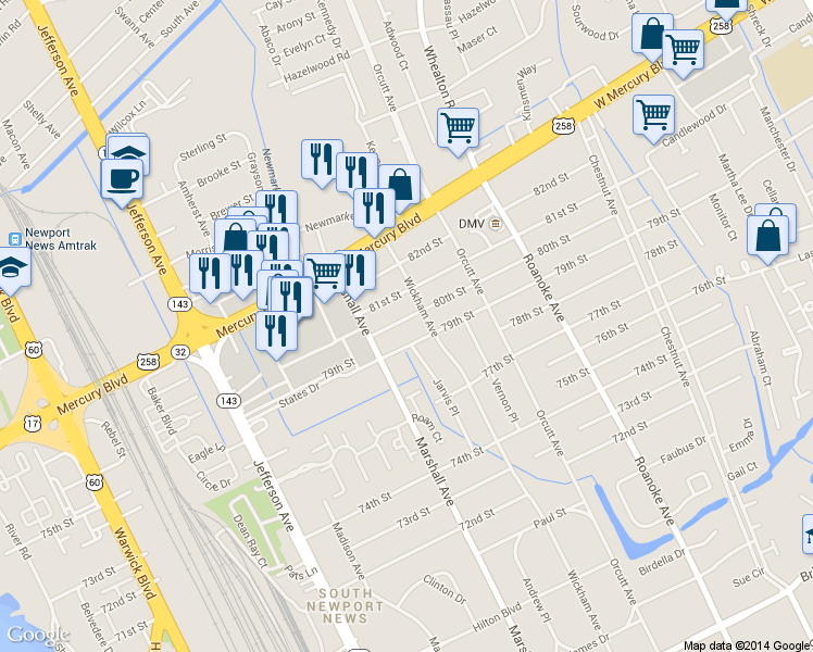 map of restaurants, bars, coffee shops, grocery stores, and more near 820 80th Street in Newport News