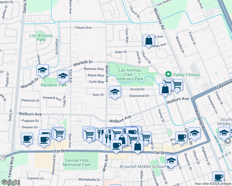 map of restaurants, bars, coffee shops, grocery stores, and more near 735 Einstein Place in Gilroy
