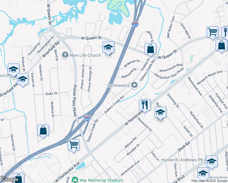 map of restaurants, bars, coffee shops, grocery stores, and more near 4 Dundee Road in Hampton