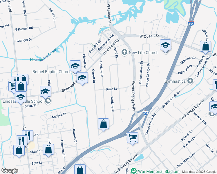 map of restaurants, bars, coffee shops, grocery stores, and more near 1665 Duke Street in Hampton