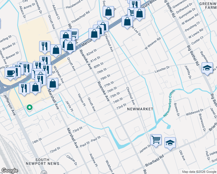 map of restaurants, bars, coffee shops, grocery stores, and more near 1102 77th Street in Newport News