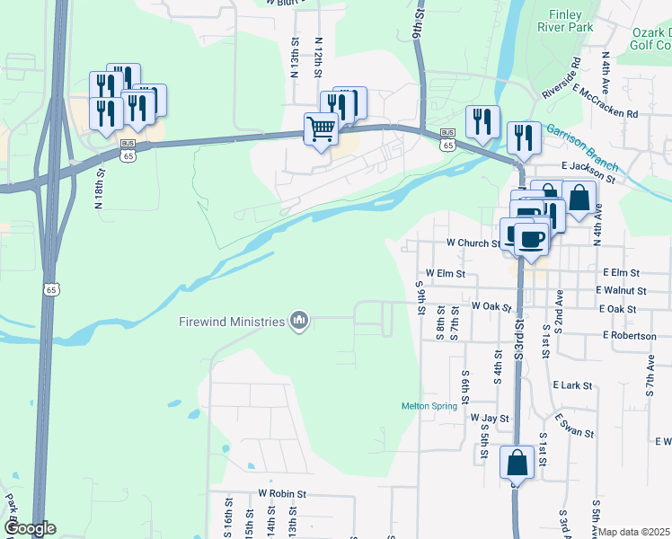 map of restaurants, bars, coffee shops, grocery stores, and more near 949-1051 W Oak St in Ozark