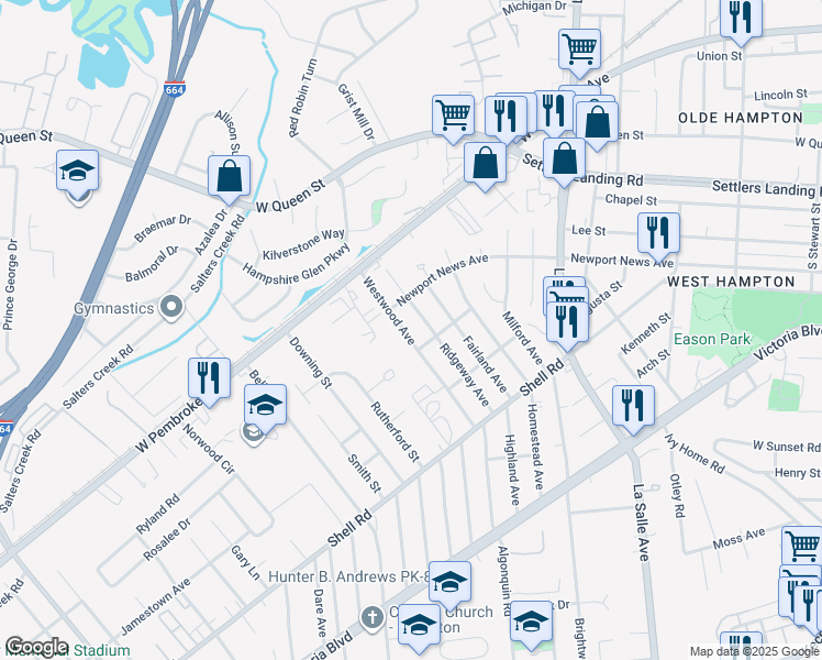 map of restaurants, bars, coffee shops, grocery stores, and more near 816 Westwood Avenue in Hampton