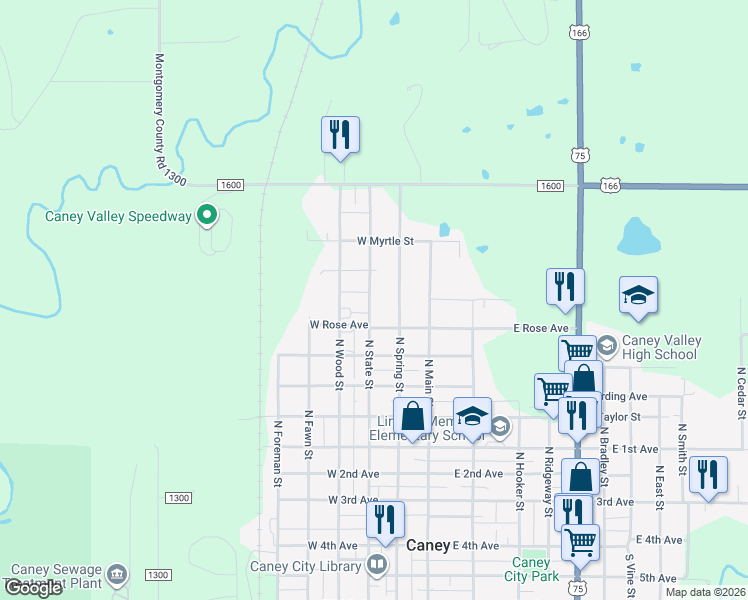 map of restaurants, bars, coffee shops, grocery stores, and more near 907 North State Street in Caney
