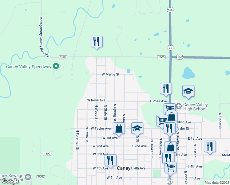 map of restaurants, bars, coffee shops, grocery stores, and more near 199 West Braden Avenue in Caney