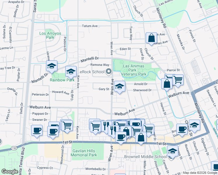 map of restaurants, bars, coffee shops, grocery stores, and more near 757 Gary Street in Gilroy