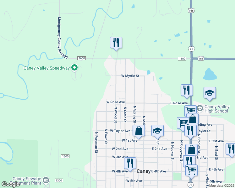 map of restaurants, bars, coffee shops, grocery stores, and more near 808 North Wood Street in Caney