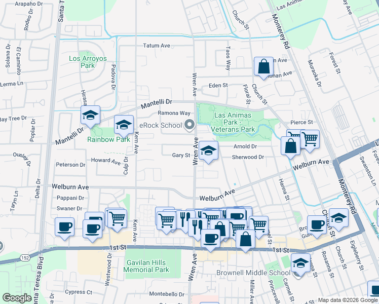 map of restaurants, bars, coffee shops, grocery stores, and more near 757 Gary Street in Gilroy