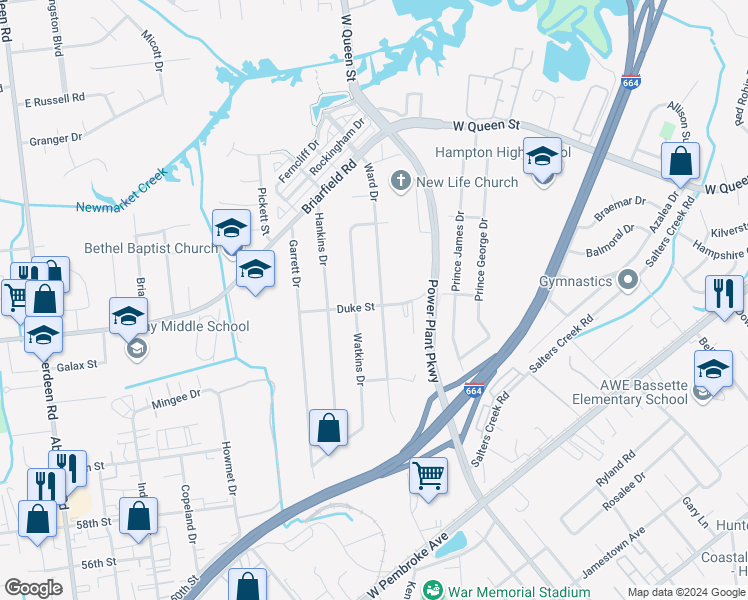 map of restaurants, bars, coffee shops, grocery stores, and more near 1671 Duke Street in Hampton