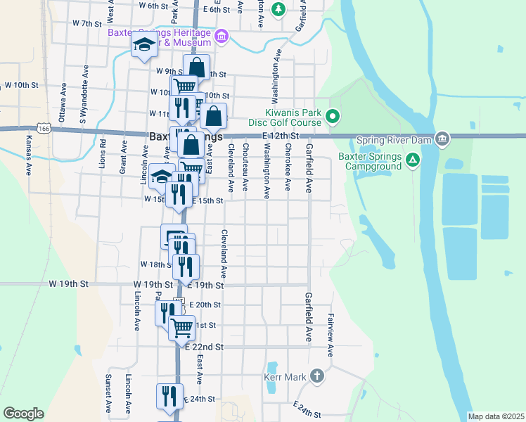 map of restaurants, bars, coffee shops, grocery stores, and more near 1527 Washington Avenue in Baxter Springs