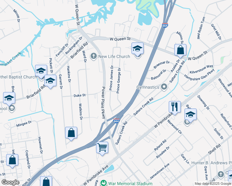 map of restaurants, bars, coffee shops, grocery stores, and more near 200 Prince George Drive in Hampton