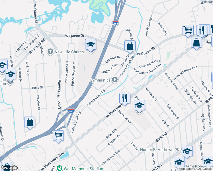 map of restaurants, bars, coffee shops, grocery stores, and more near 41 Azalea Drive in Hampton