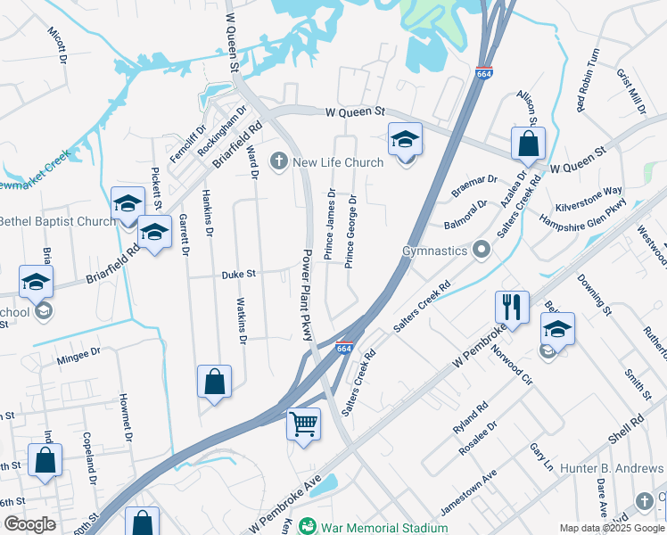 map of restaurants, bars, coffee shops, grocery stores, and more near 201 Prince James Drive in Hampton