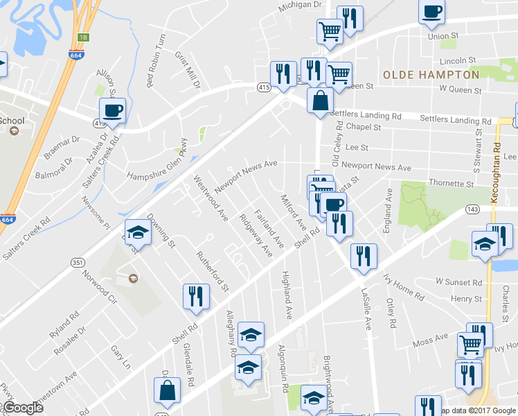 map of restaurants, bars, coffee shops, grocery stores, and more near 717 Homestead Avenue in Hampton