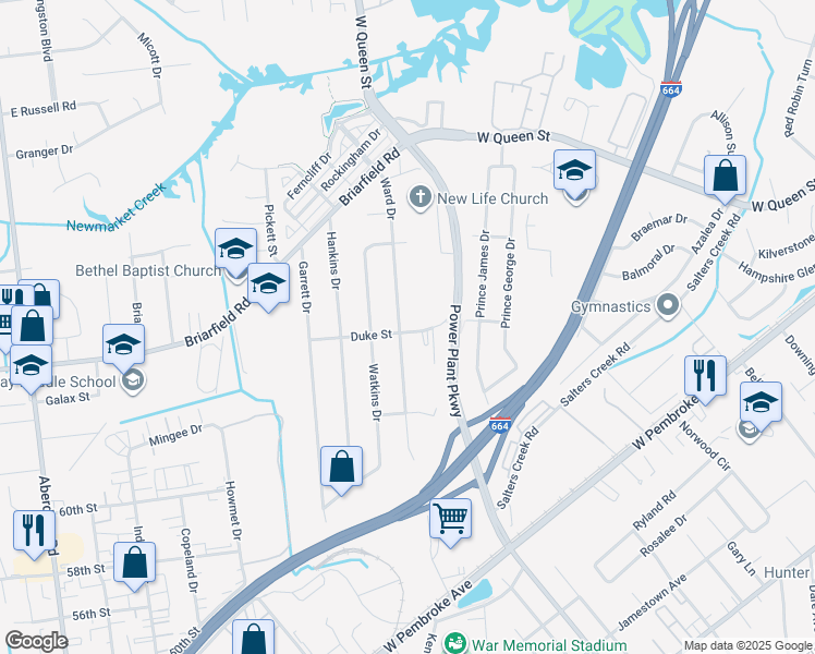 map of restaurants, bars, coffee shops, grocery stores, and more near 1675 Duke Street in Hampton