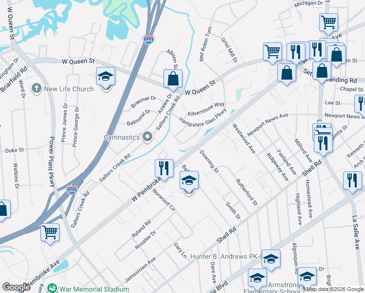 map of restaurants, bars, coffee shops, grocery stores, and more near 22 Ravenscroft Lane in Hampton