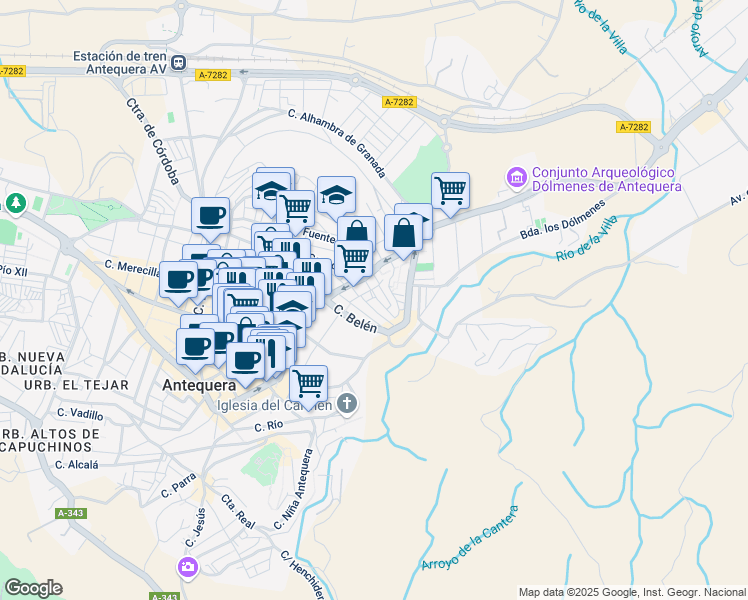 map of restaurants, bars, coffee shops, grocery stores, and more near 1 Plaza San Roque in Antequera