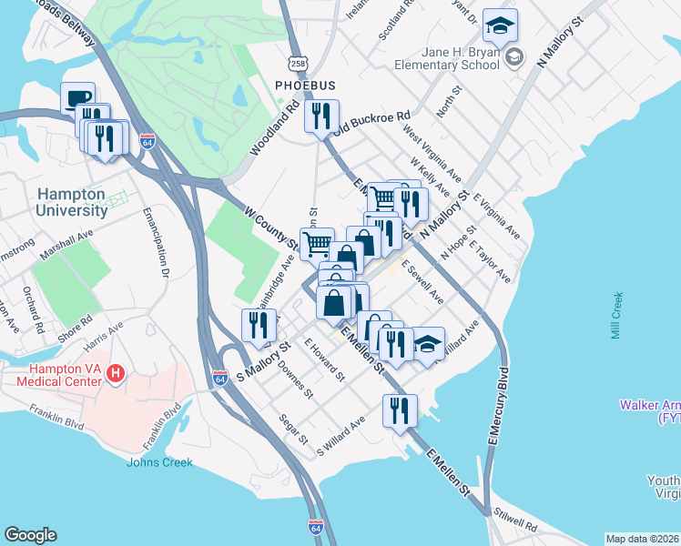 map of restaurants, bars, coffee shops, grocery stores, and more near 7 Booker Street in Hampton