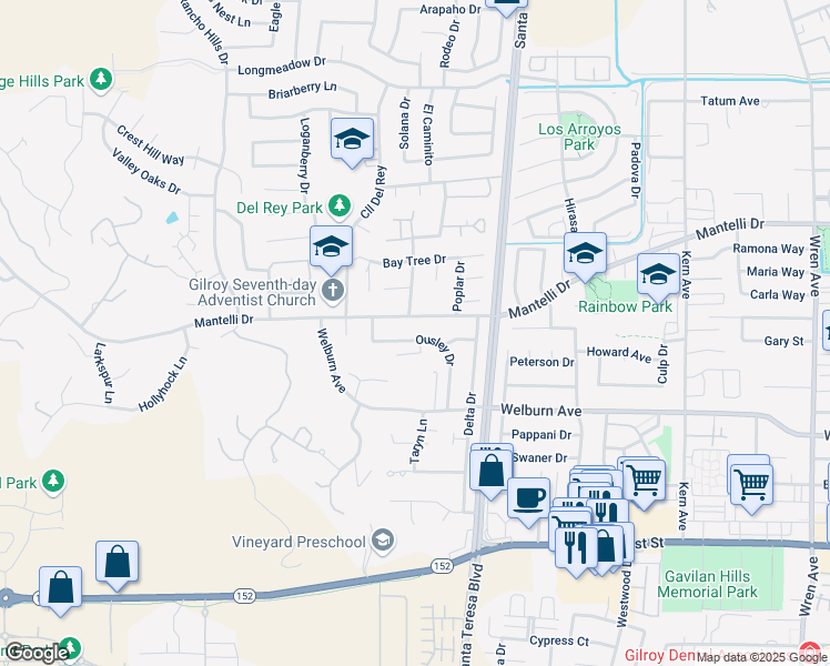 map of restaurants, bars, coffee shops, grocery stores, and more near 1423 Ousley Drive in Gilroy