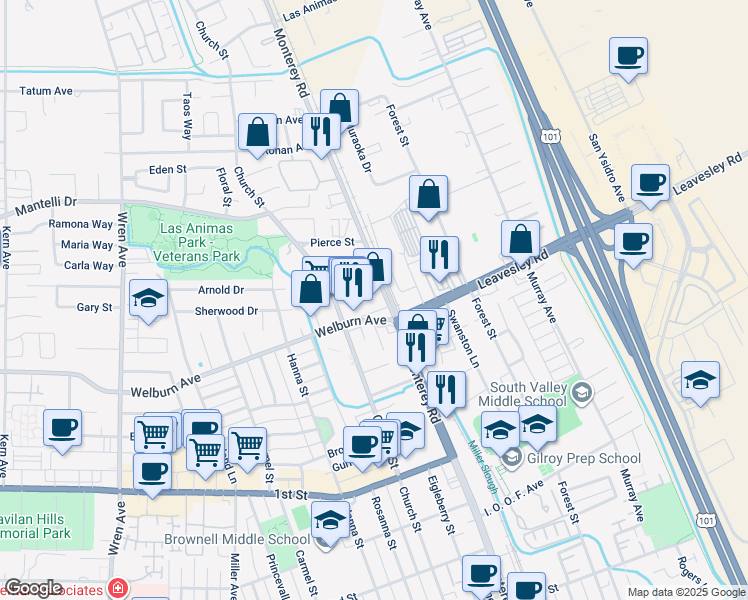 map of restaurants, bars, coffee shops, grocery stores, and more near 8425 Monterey Road in Gilroy
