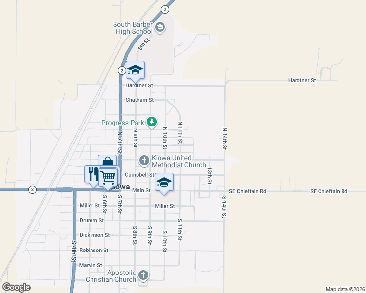 map of restaurants, bars, coffee shops, grocery stores, and more near 350 North 11th Street in Kiowa