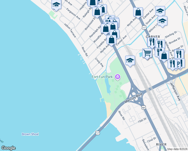 map of restaurants, bars, coffee shops, grocery stores, and more near River Road in Newport News