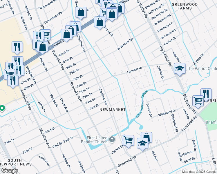 map of restaurants, bars, coffee shops, grocery stores, and more near 1204 75th Street in Newport News