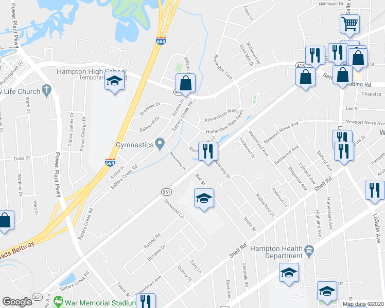map of restaurants, bars, coffee shops, grocery stores, and more near 24 Ravenscroft Lane in Hampton