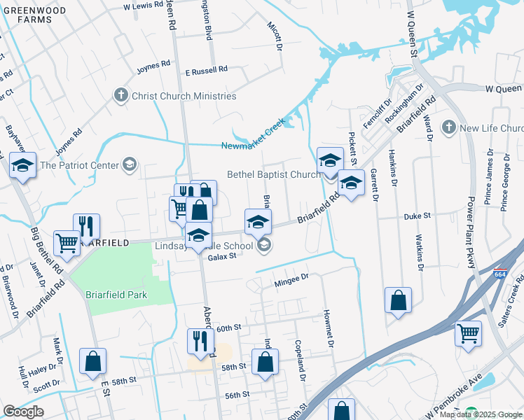 map of restaurants, bars, coffee shops, grocery stores, and more near 6 Briar Drive in Hampton