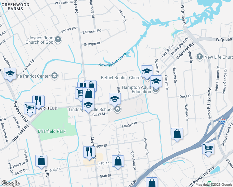 map of restaurants, bars, coffee shops, grocery stores, and more near 6 Briar Drive in Hampton