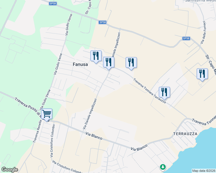 map of restaurants, bars, coffee shops, grocery stores, and more near 7 Via Daniele Impellizzeri in Fanusa