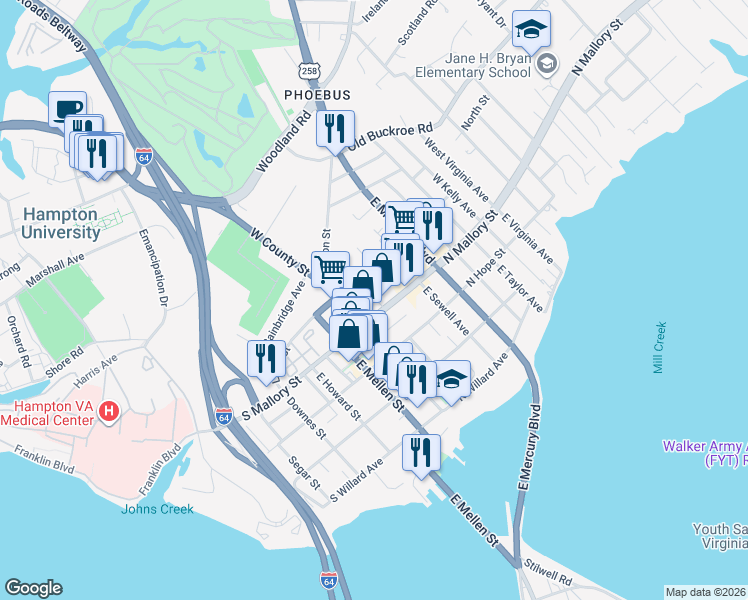 map of restaurants, bars, coffee shops, grocery stores, and more near 7 Booker Street in Hampton