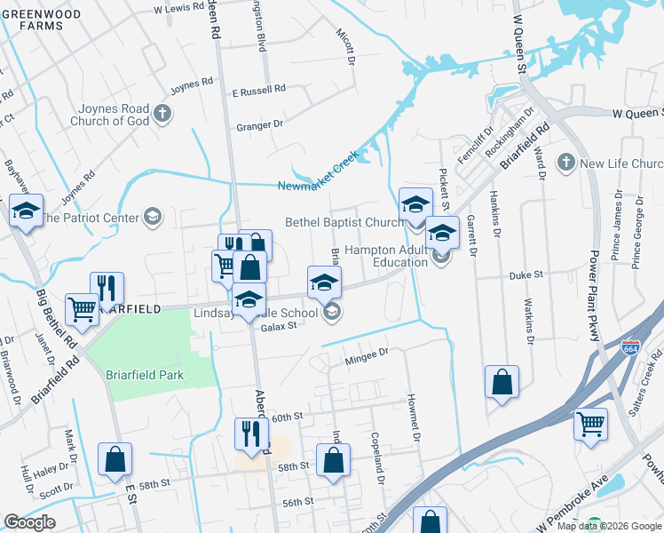 map of restaurants, bars, coffee shops, grocery stores, and more near 6 Briar Drive in Hampton