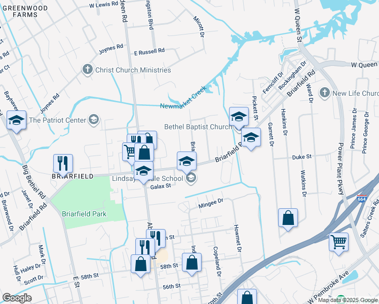 map of restaurants, bars, coffee shops, grocery stores, and more near 6 Briar Drive in Hampton