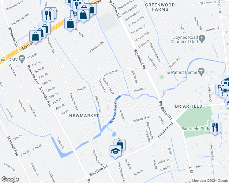 map of restaurants, bars, coffee shops, grocery stores, and more near 100 Martha Lee Drive in Hampton