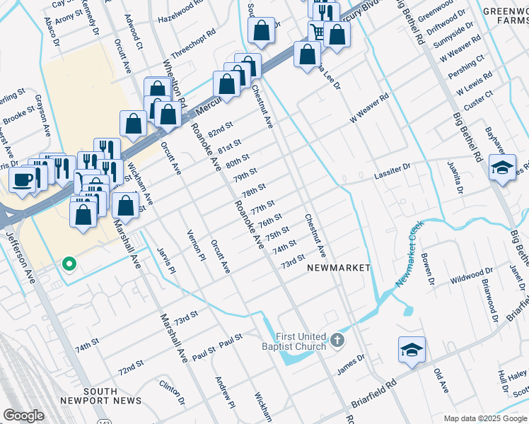 map of restaurants, bars, coffee shops, grocery stores, and more near 1102 77th Street in Newport News