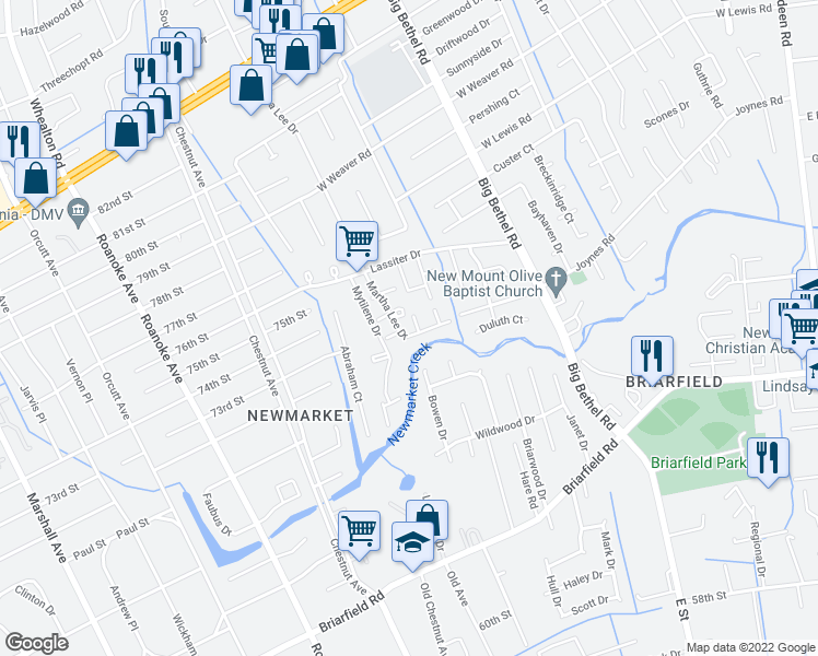 map of restaurants, bars, coffee shops, grocery stores, and more near 100 Martha Lee Drive in Hampton